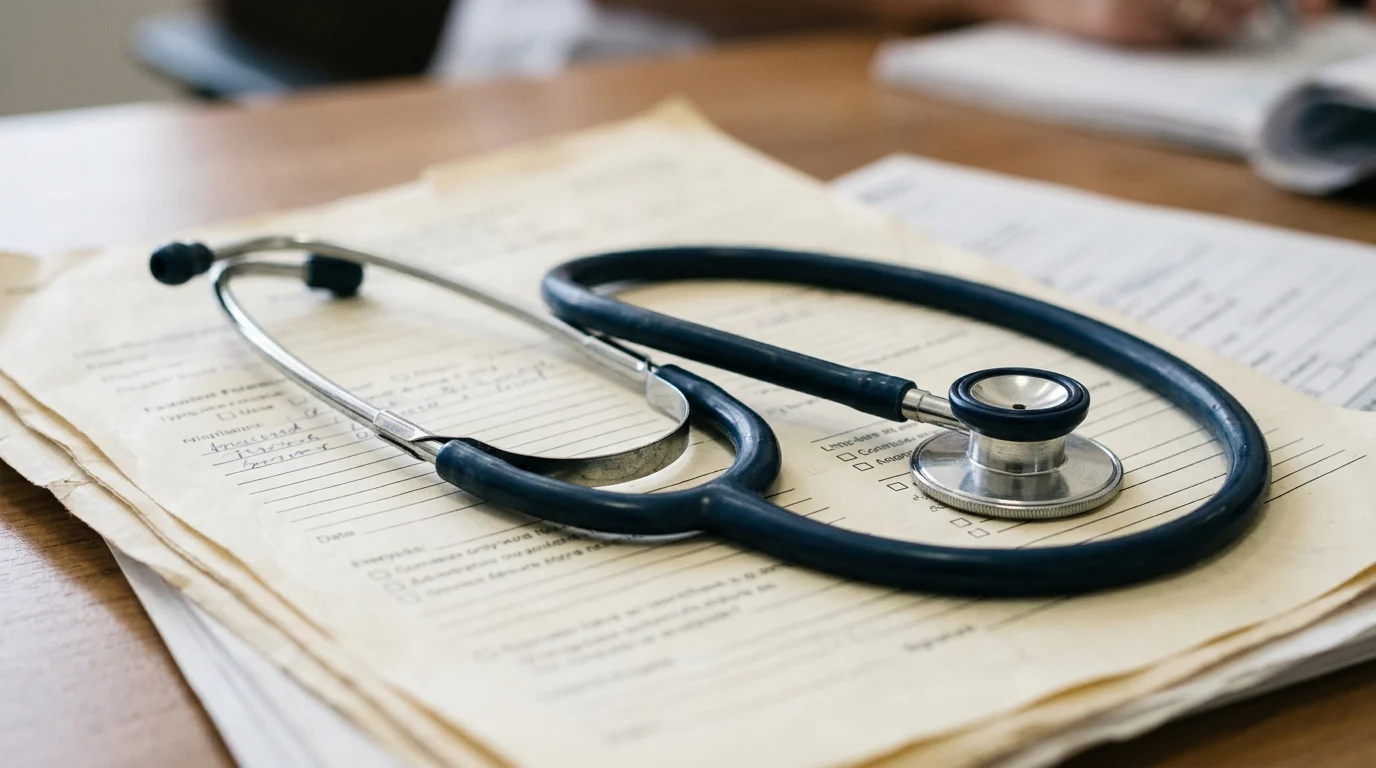 A stethoscope on a medical folder.