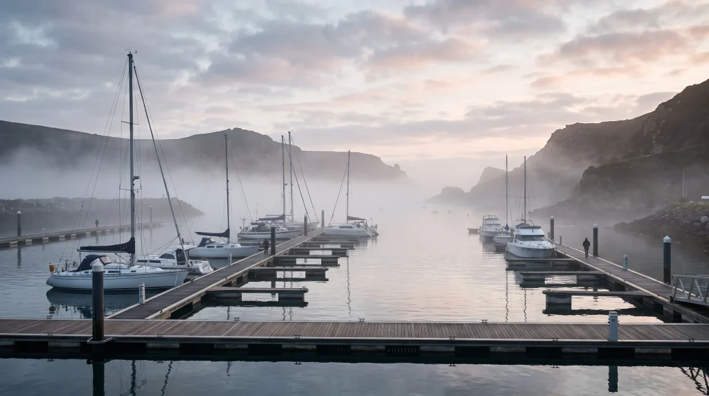 A quiet marina with sailing boats at dawn