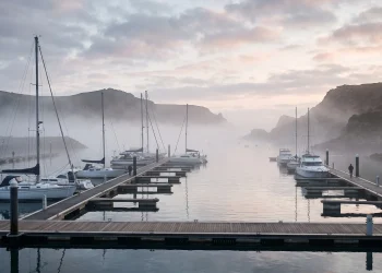 A quiet marina with sailing boats at dawn