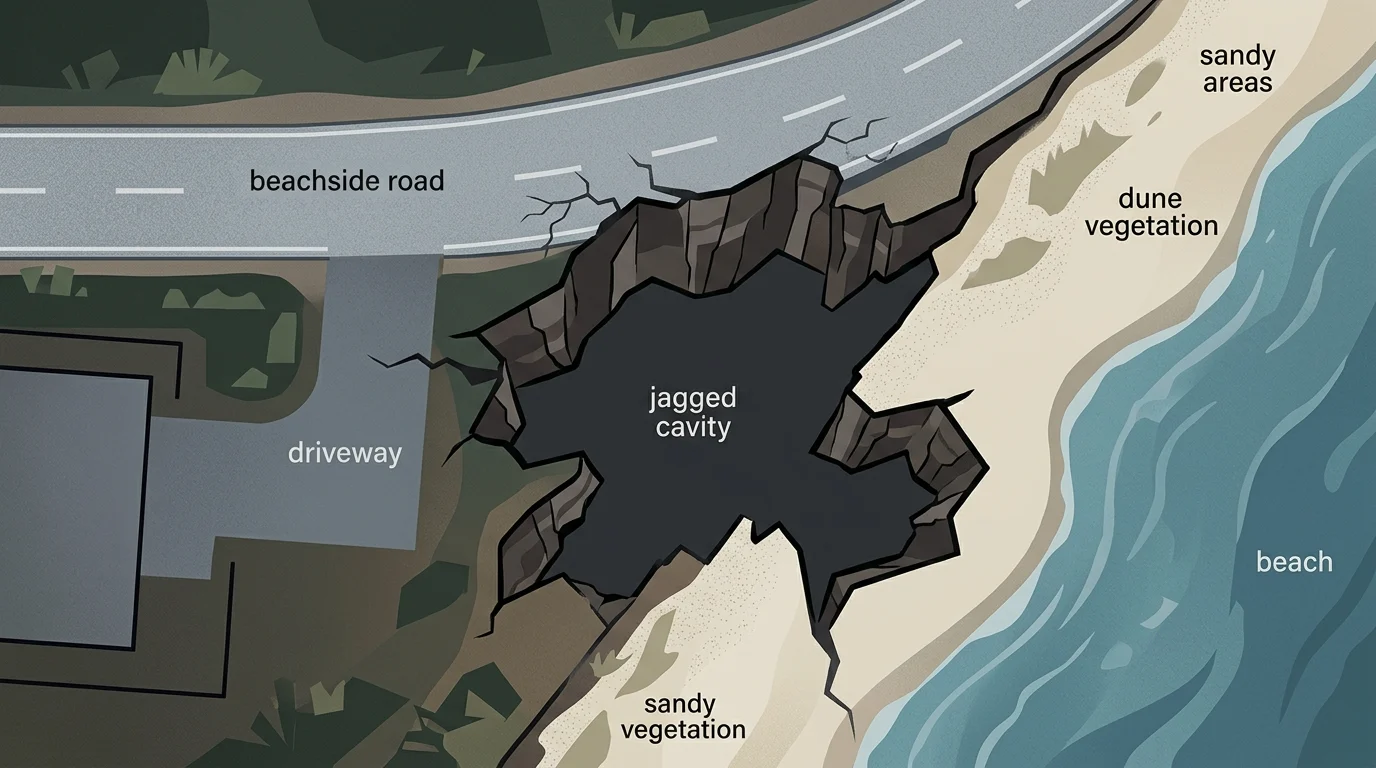 Aerial view of a large sinkhole cavity in a residential coastal area.
