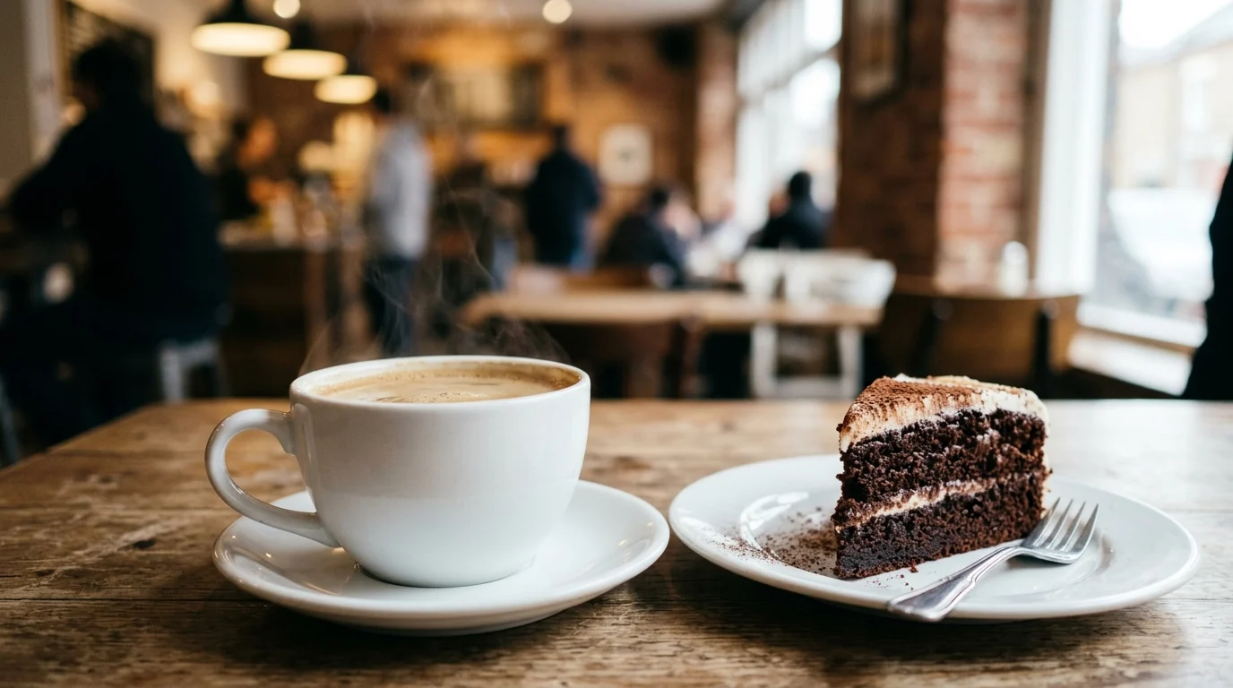 A cup of coffee and a slice of cake on a plate.