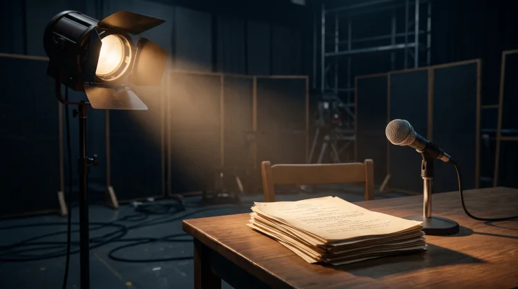 A conceptual image of a spotlight on a script and microphone symbolizing television comedy production.