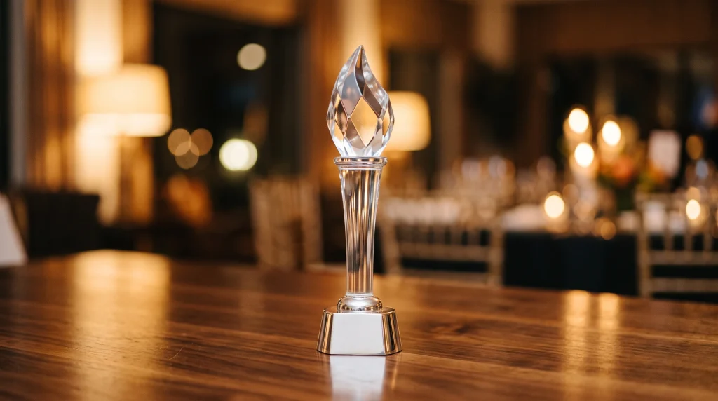 A close-up of a glass award trophy on a table.