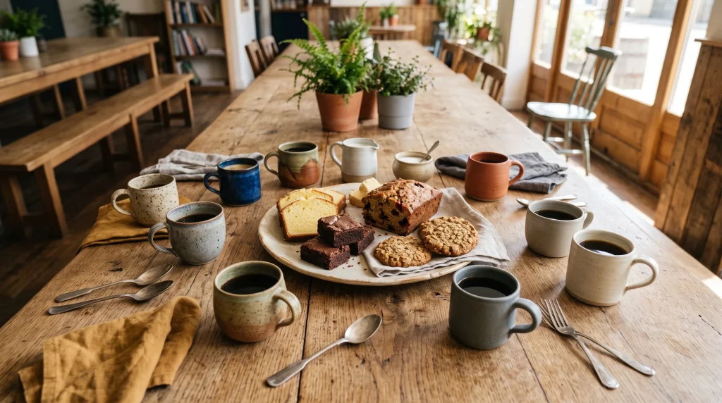 A selection of coffee mugs and cakes on a table in a bright room.