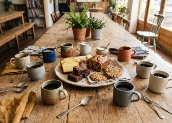 A selection of coffee mugs and cakes on a table in a bright room.