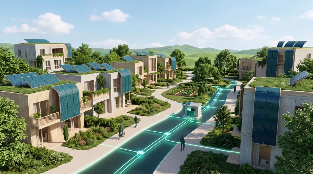 A conceptual 3D illustration of a sustainable neighbourhood with solar power infrastructure.
