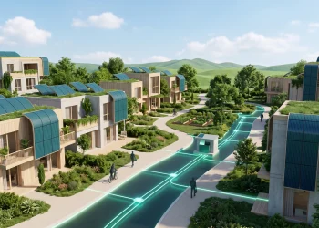 A conceptual 3D illustration of a sustainable neighbourhood with solar power infrastructure.