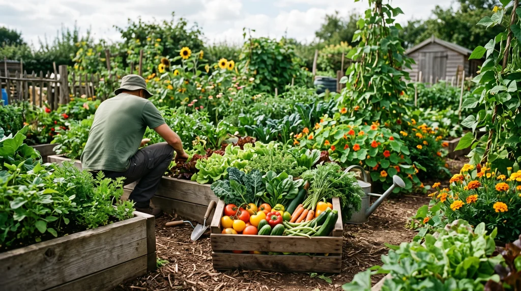A close-up of organic vegetables in a wooden crate within a lush garden setting.