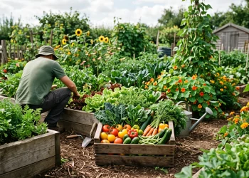 A close-up of organic vegetables in a wooden crate within a lush garden setting.