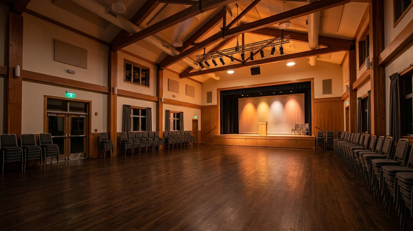 A warm, atmospheric conceptual view of a community hall interior.