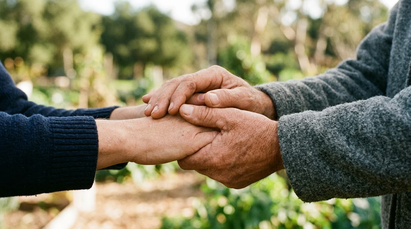A close-up of two hands in a supportive gesture.