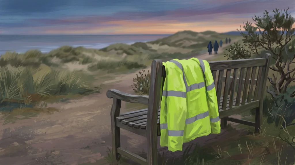 A high-visibility jacket on a bench in a coastal park area