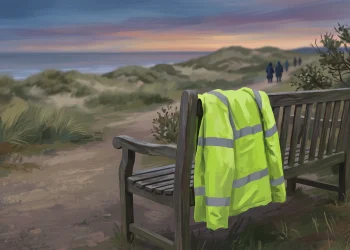 A high-visibility jacket on a bench in a coastal park area