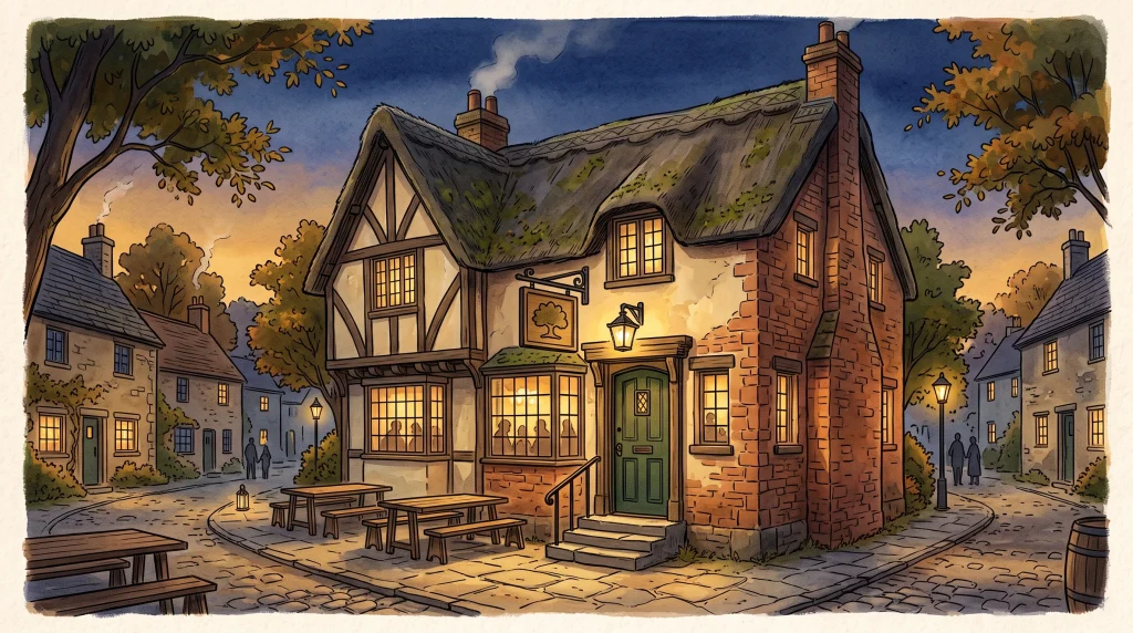 A conceptual illustration of a traditional English pub at twilight