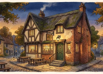 A conceptual illustration of a traditional English pub at twilight