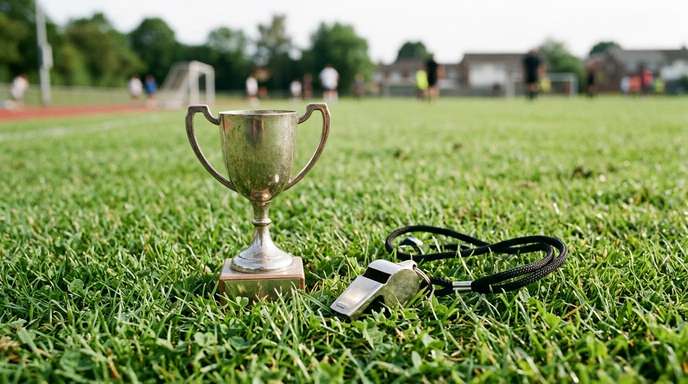 A conceptual image of a sports trophy and coaching whistle on grass.