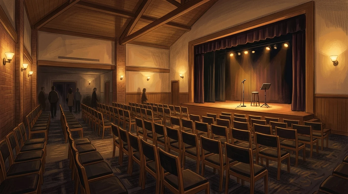 A conceptual illustration of a community hall theatre layout.
