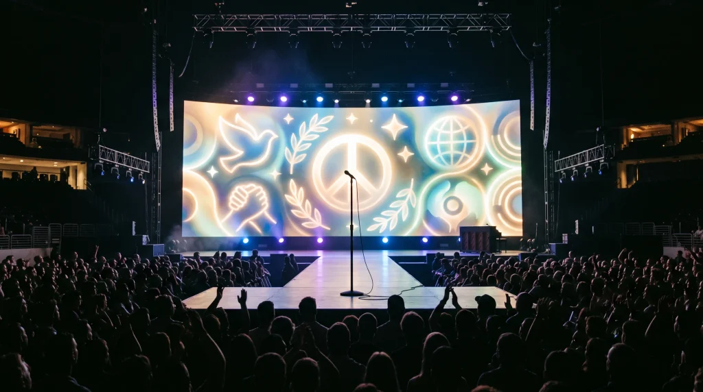 A conceptual depiction of a concert stage with peaceful symbols on a large screen.