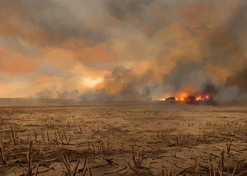 A conceptual illustration of a field under a smoky sky.