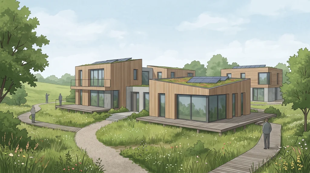An architectural illustration showing contemporary sustainable housing