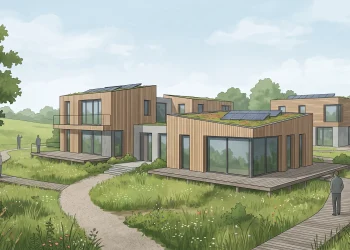 An architectural illustration showing contemporary sustainable housing