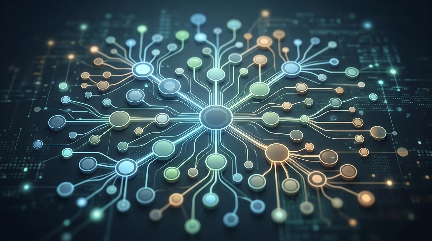 Abstract digital network representing corporate structures and global turnover.