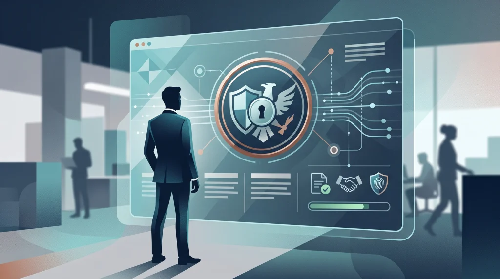 A conceptual illustration of digital identity verification and corporate compliance.
