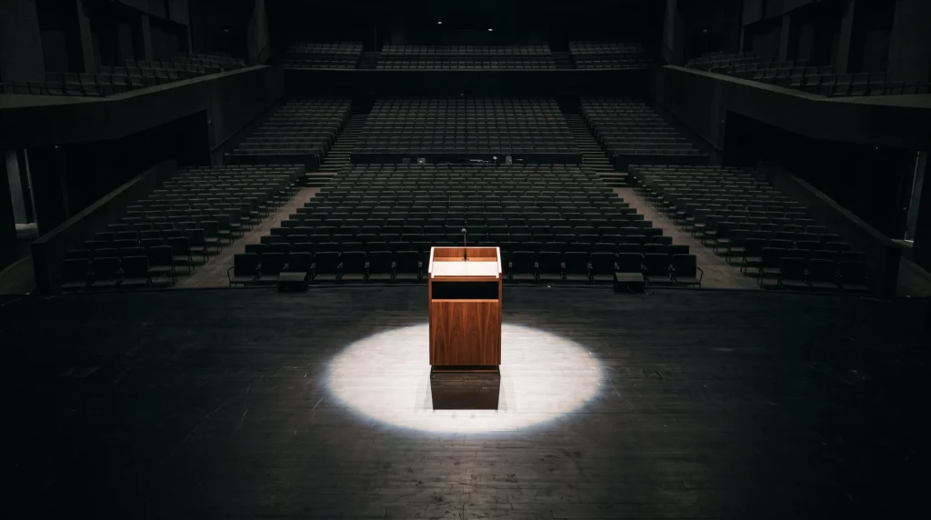 A single podium stands under a bright spotlight on a dark stage in a large hall.