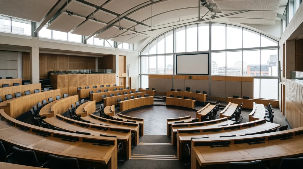 A conceptual view of a modern civic council chamber.