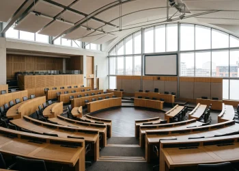 A conceptual view of a modern civic council chamber.