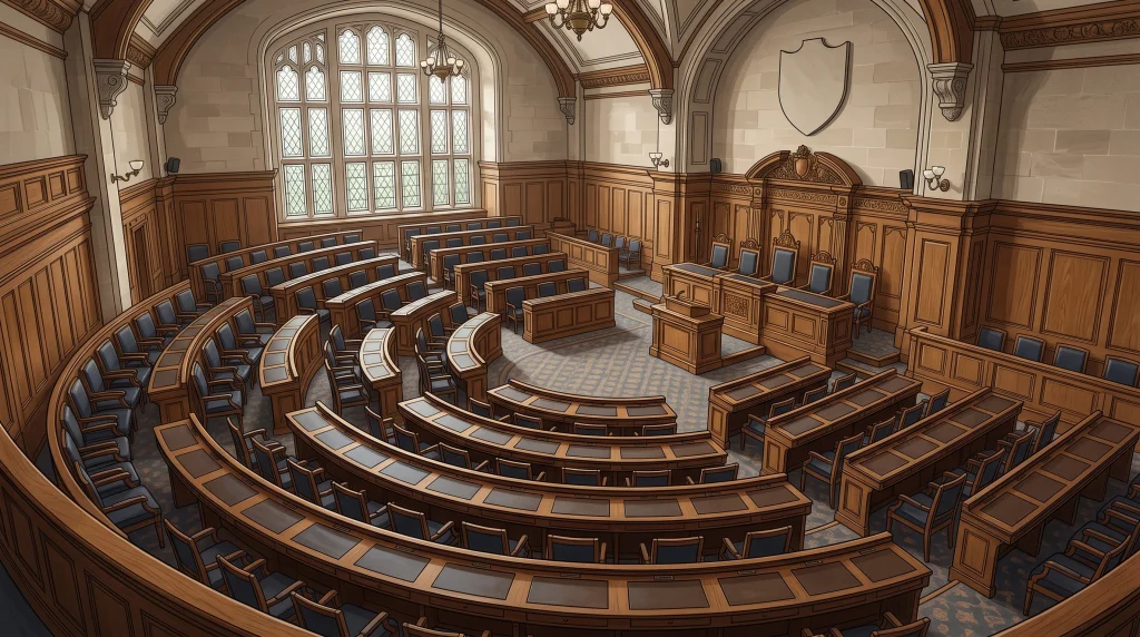 A formal council meeting room with empty desks and chairs.