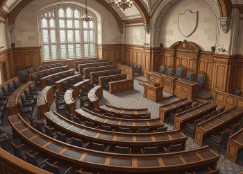 A formal council meeting room with empty desks and chairs.