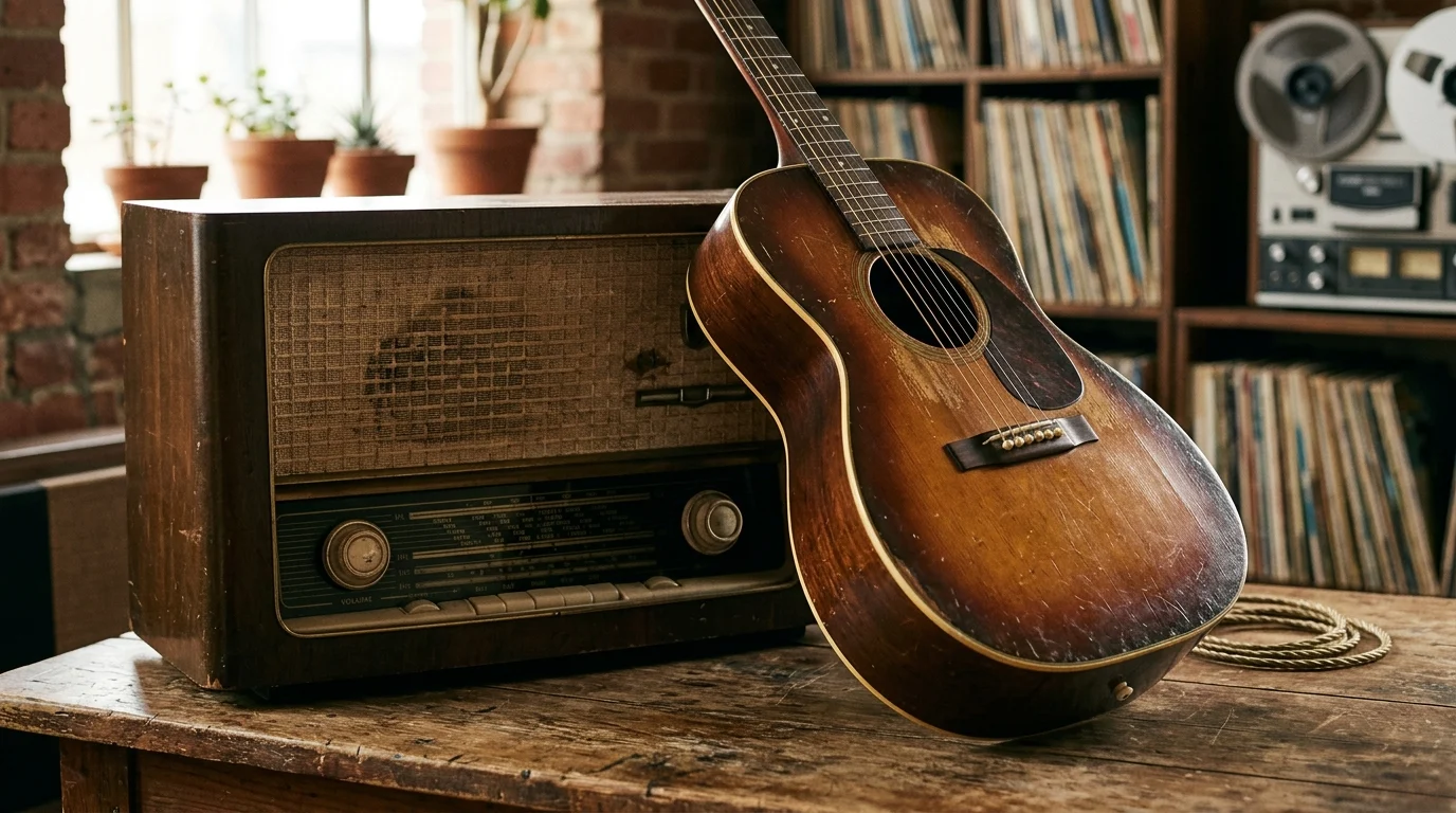 An acoustic guitar next to a classic radio set.