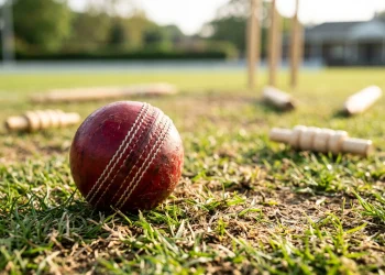 A red cricket ball on a grass pitch with bails in the background.