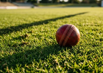 A red cricket ball on a grass field