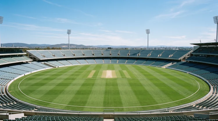 A professional cricket ground with a manicured pitch under a blue sky.