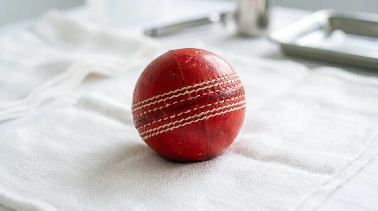 A red cricket ball on a white surgical-style cloth background.