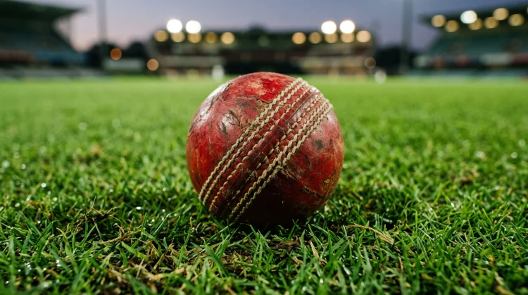 A worn red cricket ball on a grass pitch
