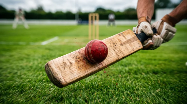 A cricket ball hitting a bat on a grass pitch.