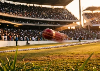 A red cricket ball flying over a boundary rope in a stadium.