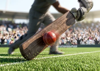 A close-up of a cricket bat and ball on a pitch.