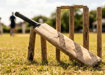 A cricket bat and wickets on a grass pitch