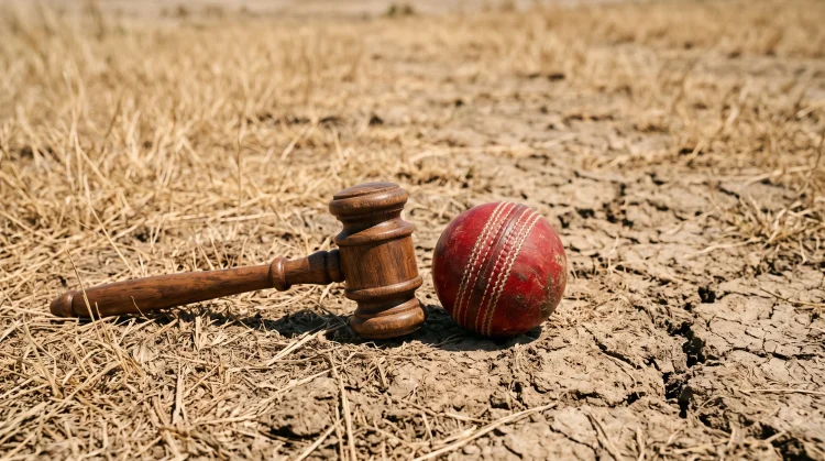 A gavel and a cricket ball on dry grass symbolizing a legal sporting decision.
