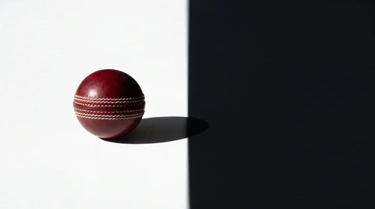 A red cricket ball on a white surface with a prominent dividing shadow.