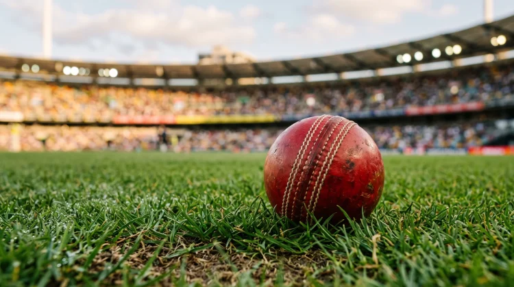 A red cricket ball on the grass of a cricket field.