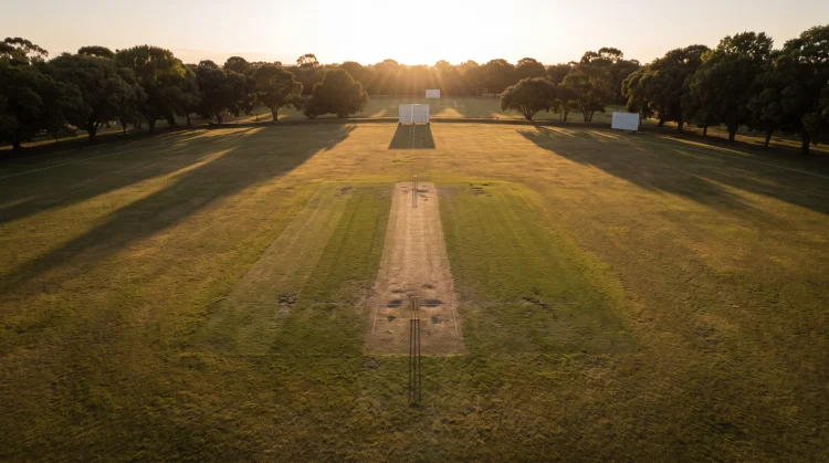 A conceptual image of a cricket field at dusk with long shadows across the pitch.