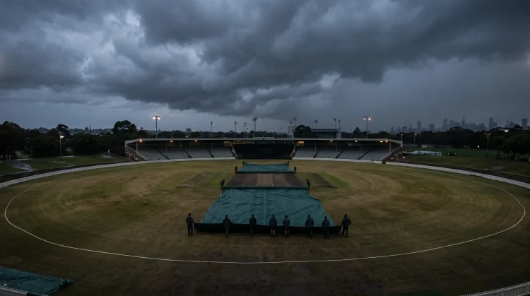 Rain covers on a cricket pitch under dark grey skies.