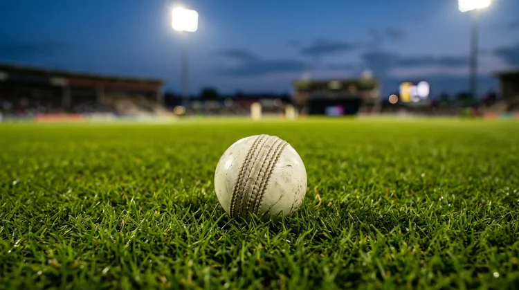 A cricket ball on a grass pitch under stadium lights.