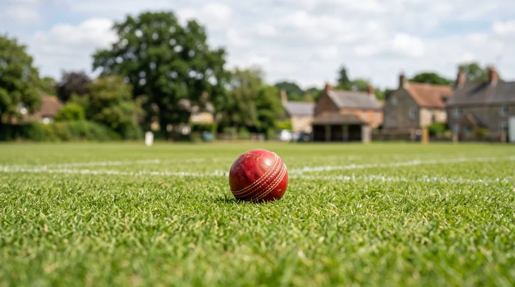 A cricket ball resting on a grass pitch.