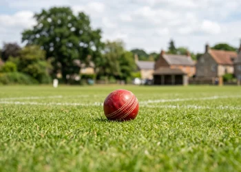 A cricket ball resting on a grass pitch.
